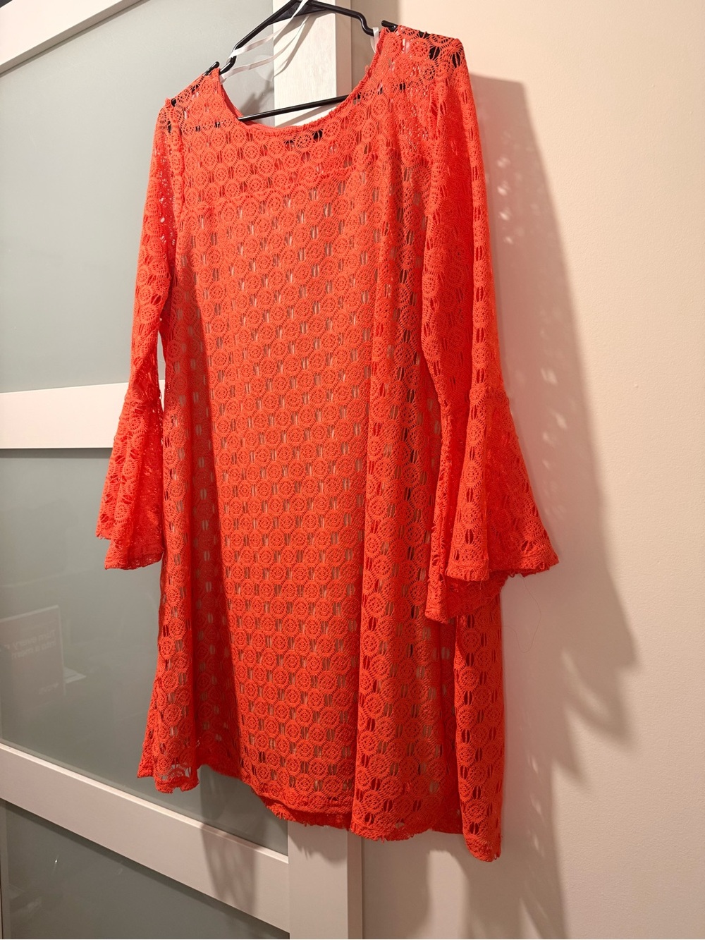 Lace Bell-Sleeve Shift Dress in Bright Coral